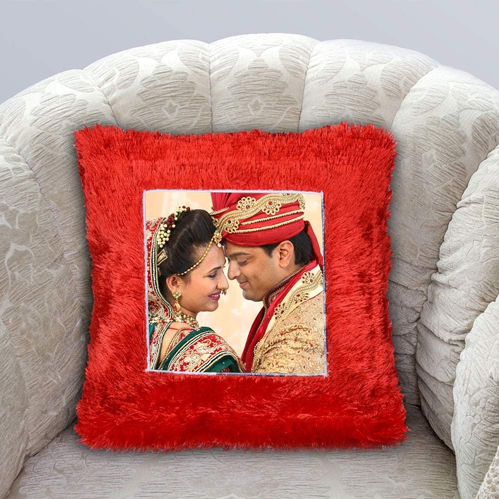 Personalized Red Fur Square Cushion Pillow | 1 Photo Display