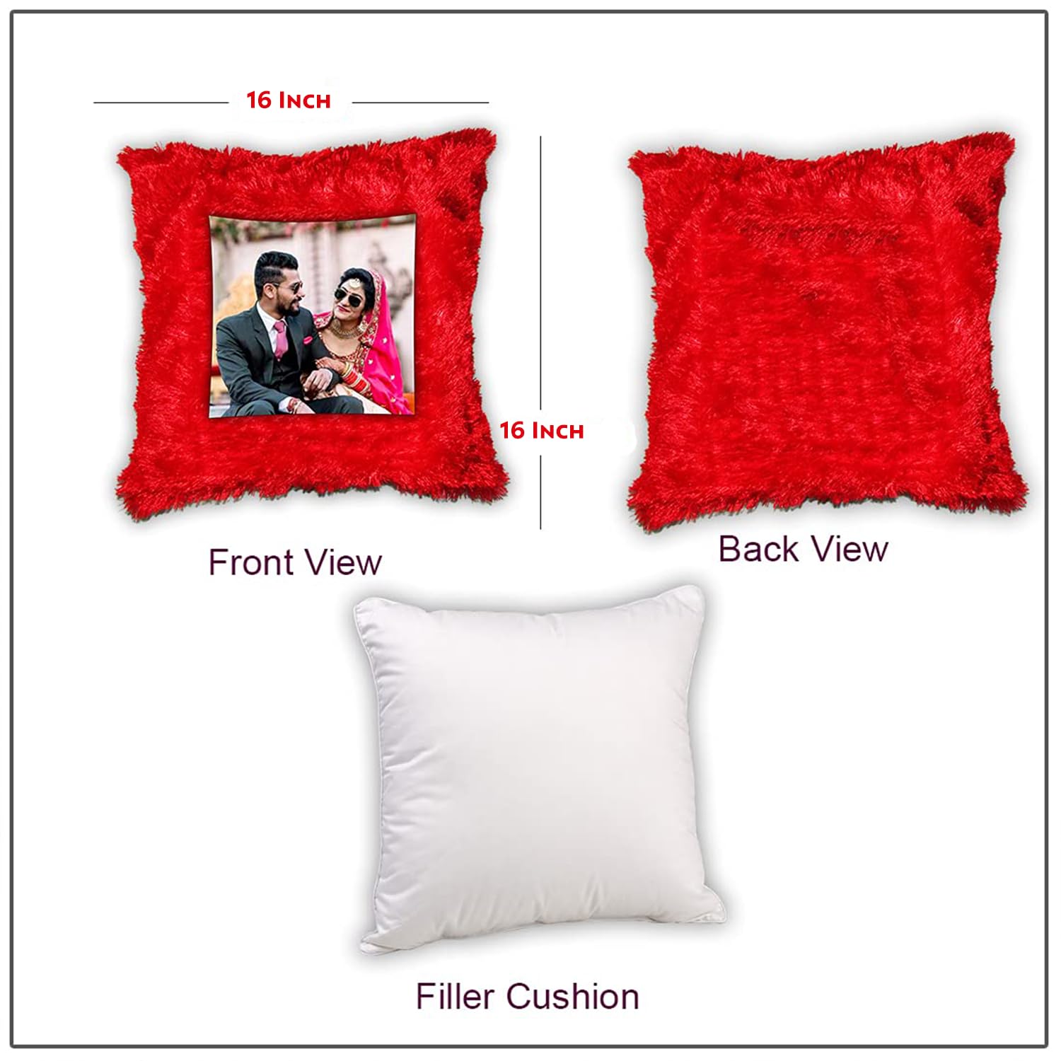 Personalized Red Fur Square Cushion Pillow | 1 Photo Display