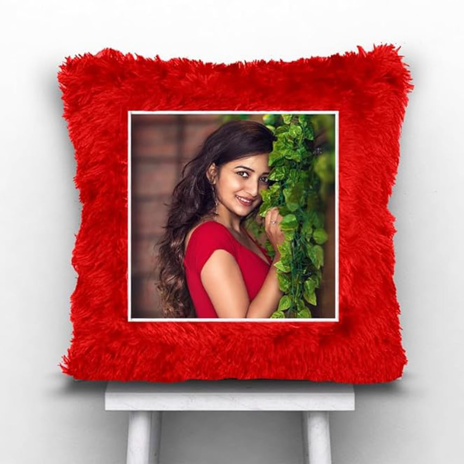Personalized Red Fur Square Cushion Pillow | 1 Photo Display
