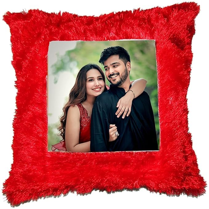 Personalized Red Fur Square Cushion Pillow | 1 Photo Display